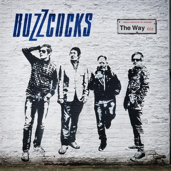 Buzzcocks album cover: black and white stencil of band and street sign.