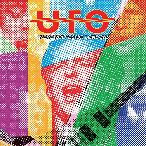 Pop art album cover for UFO’s “Werewolves Of London” with a man and guitar.