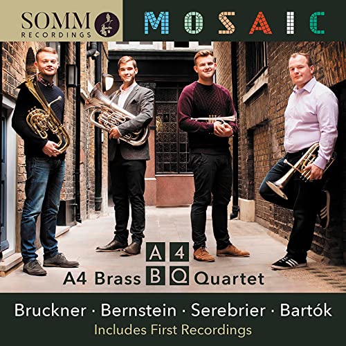 A4 Brass Quartet CD cover featuring four musicians in a brick alley.