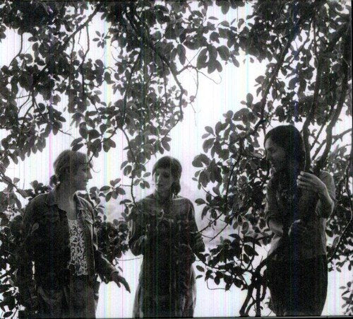 Black and white image of three women standing outdoors surrounded by tree branches.