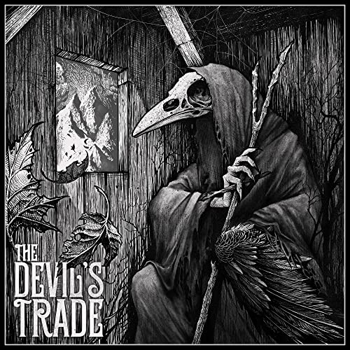 Black and white illustration of a plague doctor figure with a mountain view.
