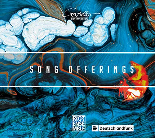 "Album cover with blue marbled background, white text 'Song Offerings' and three logos."