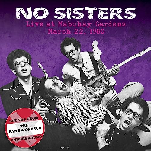 Black and white photo of four musicians with instruments, purple background.