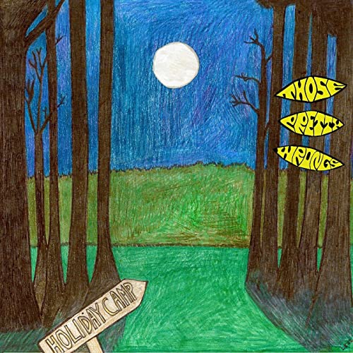 Hand-drawn album cover with trees, a moon, and a sign reading “Holiday Camp.”