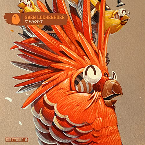 Illustration of orange and yellow birds with large eyes and feathered crests.