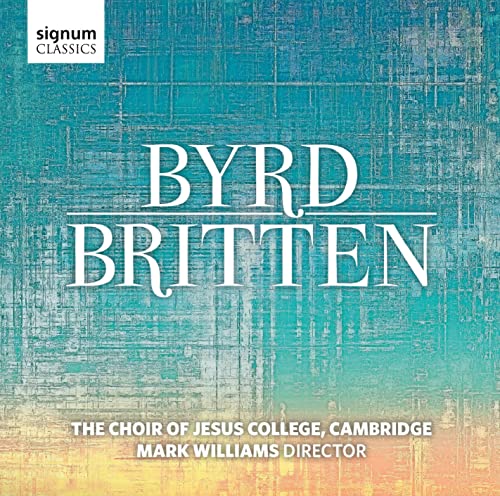 CD cover for Byrd and Britten choral music, blue textured background.