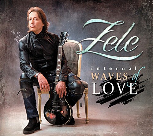 Man in black leather sits on chair with guitar, album cover art.