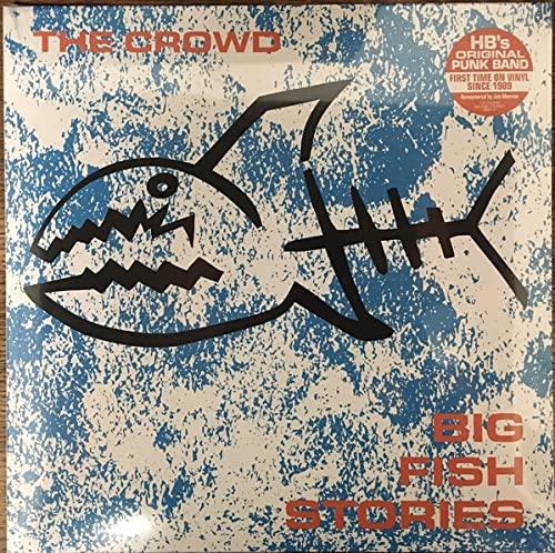Vinyl record cover: blue texture, black fish illustration, red text.