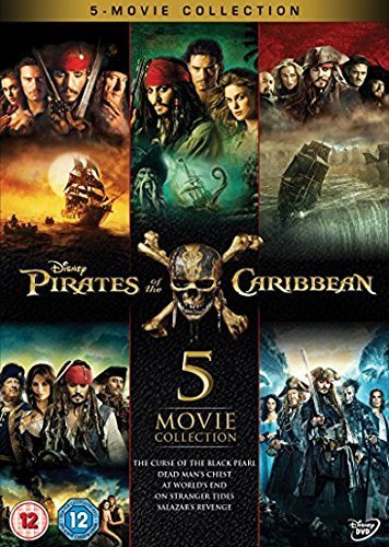 "Pirates of the Caribbean 5-Movie Collection DVD cover featuring characters and ships from the series."