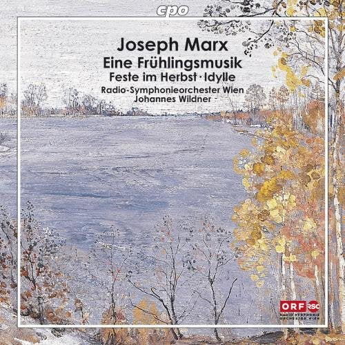 "Album cover with autumnal landscape painting and black text in a white square border."