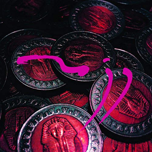 The image shows a pile of vinyl records with a pink squiggle. A suitable alt text could be: "Pile of red vinyl records with a pink squiggle."