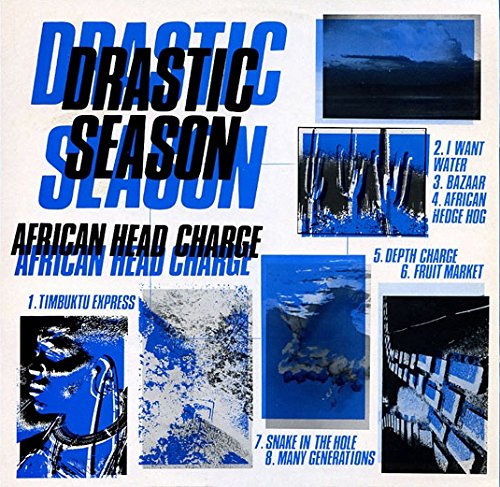 Album cover for African Head Charge Drastic Season featuring blue-toned photo collages and text.