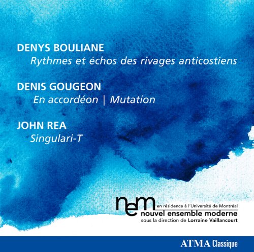 Blue watercolor album cover with white and black text, featuring artist names and titles.