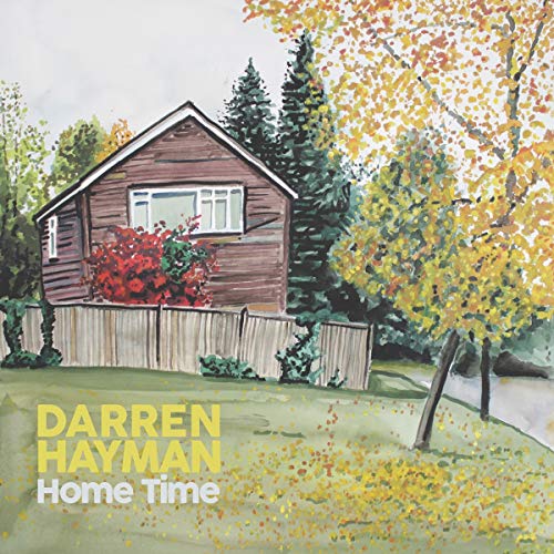 Watercolor painting of a brown house with trees and foliage, album cover.