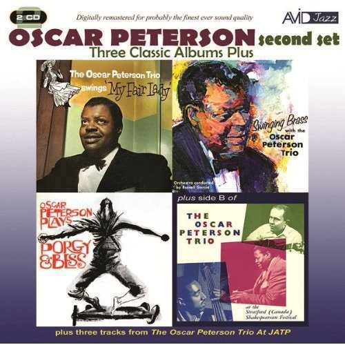 CD cover featuring Oscar Peterson, with album art from three jazz recordings.