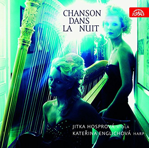 "CD cover with two women, one playing harp, in formal dresses, green-tinted."