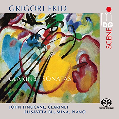 "Album cover with abstract watercolor painting and text 'Grigori Frid: Clarinet Sonatas'."