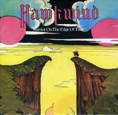 Album cover art: fantasy landscape with cliff, rider, and pink sun against blue sky.