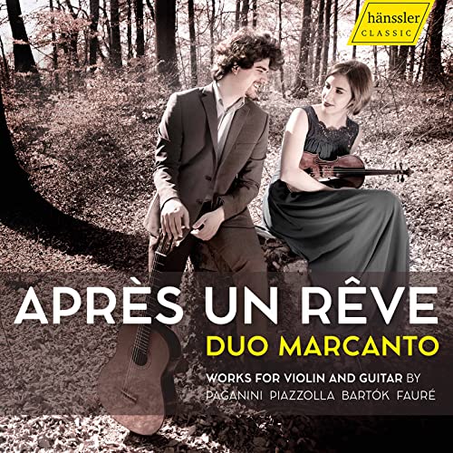 CD cover: Duo Marcanto, a guitarist and violinist in a forest.