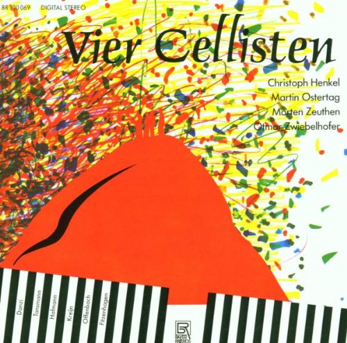 Red abstract shape on a white background with multicolored splatters and black-and-white stripes.