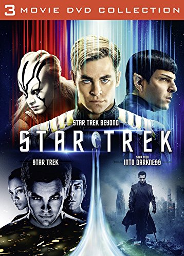 "Star Trek DVD cover featuring characters from three movies with a space background."