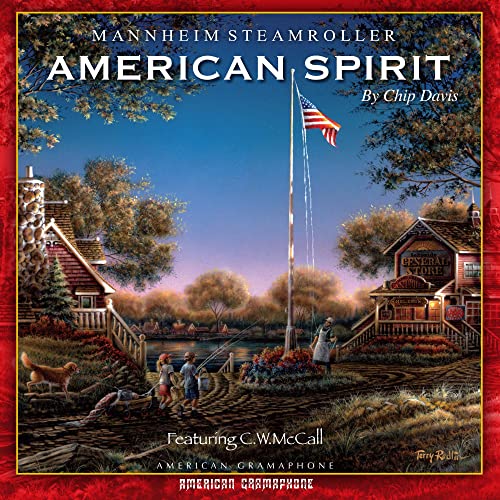 Album cover for Mannheim Steamroller’s “American Spirit” with a rural scene.