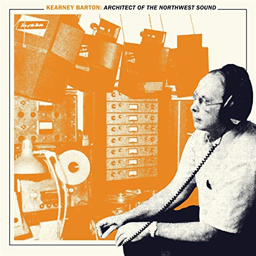 Kearney Barton portrait in a recording studio, orange and black halftone.