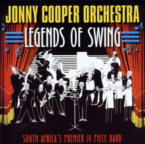 Album cover with musicians on stage, red curtains, and musical notes, black background.