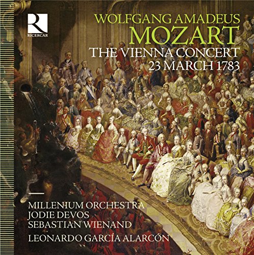 A CD cover featuring a 18th-century ballroom scene with Mozart concert details.