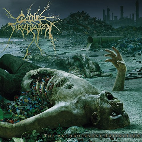 "Album cover art showing a decaying corpse amidst trash, with industrial background."