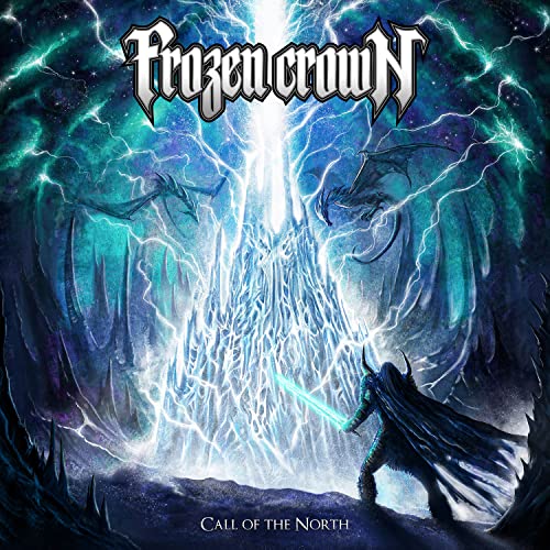 Fantasy album cover with dragons, a warrior, and glowing blue energy.