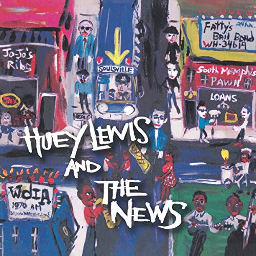 "Album cover art for Huey Lewis and the News, featuring a vibrant city street scene."