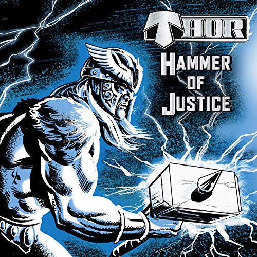 "CD cover art featuring Thor holding a box with a hammer, surrounded by lightning."