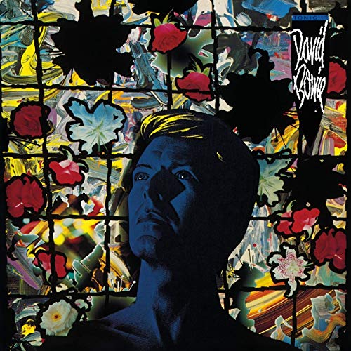 David Bowie's album cover with a blue-toned portrait amidst a floral mosaic background.