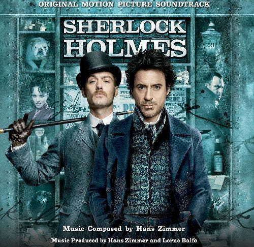 "Sherlock Holmes soundtrack CD cover featuring Robert Downey Jr. and Jude Law."