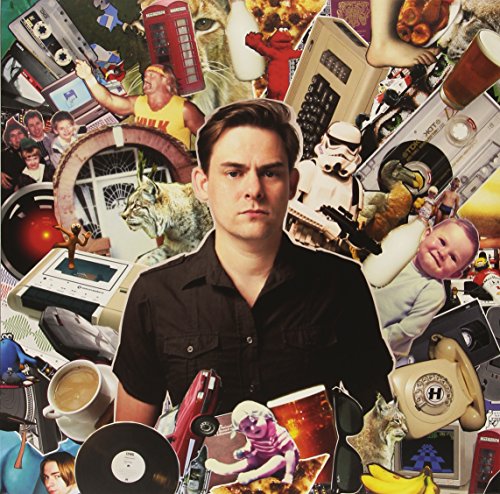 A man in a black shirt surrounded by a collage of various images and vinyl record.