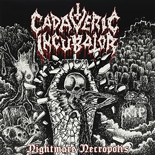 Black and white album cover with skulls, a cemetery, and band logo.