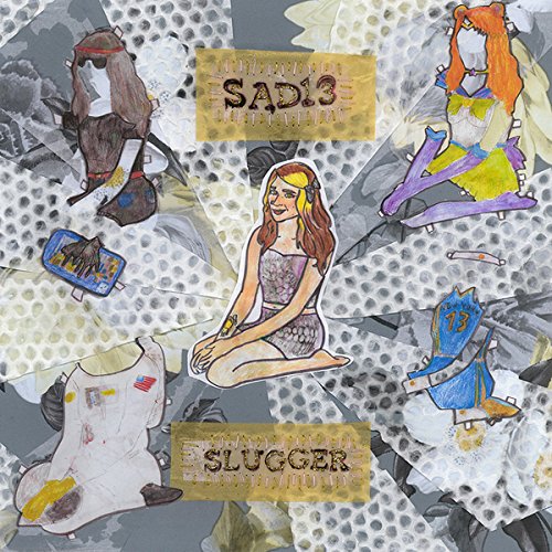"Album cover art with cartoon women and a blue figure, mixed media background."