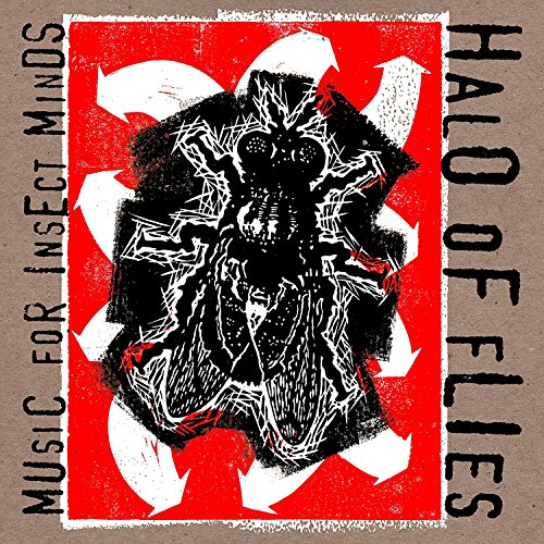 Red album cover with black insect illustration and white arrows.