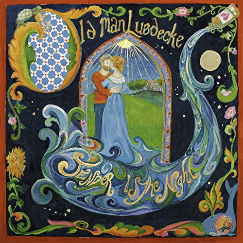 "Album cover art: couple embracing, surrounded by floral designs, on a dark background."