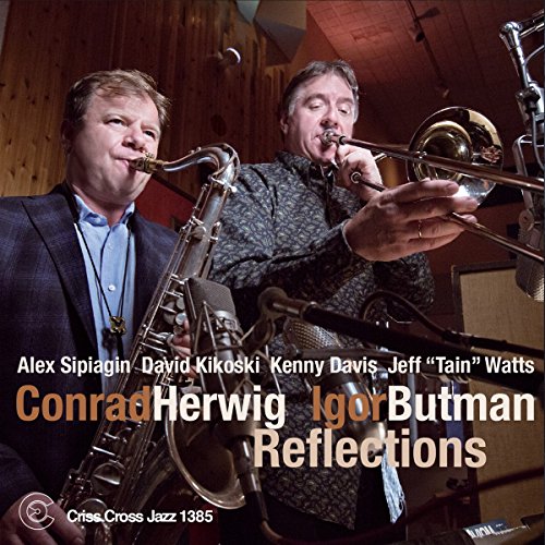 Jazz album cover with two men playing saxophone and trombone in a recording studio.