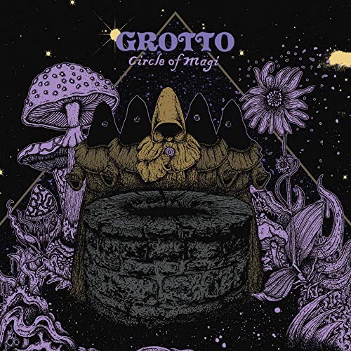 Album cover for Grotto’s “Circle of Magi” featuring a hooded figure and mushrooms.