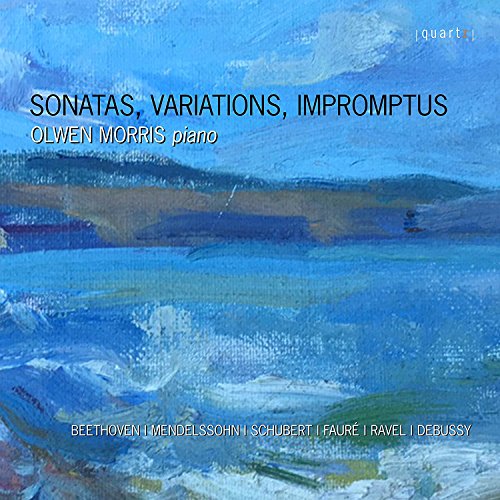 "Album cover with abstract blue painting and text listing composers and pianist Olwen Morris."