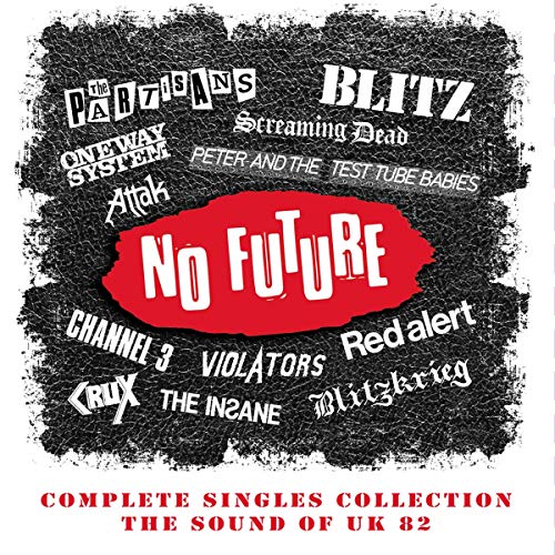 "Album cover with 'No Future' in red, surrounded by band names on black background."