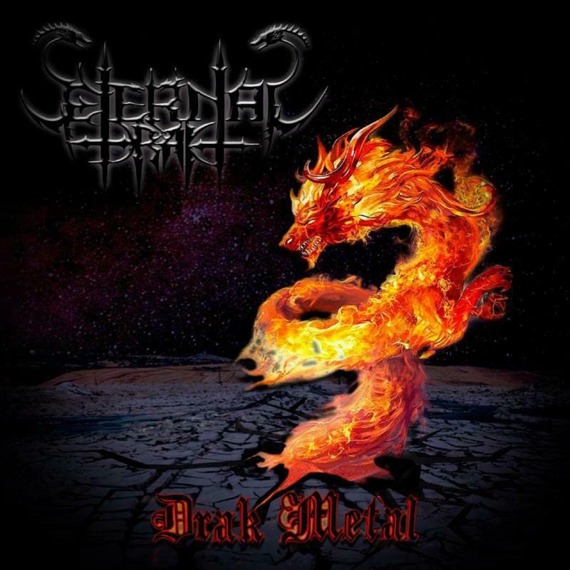 CD cover: fiery red dragon coiled on cracked ground, dark lettering.