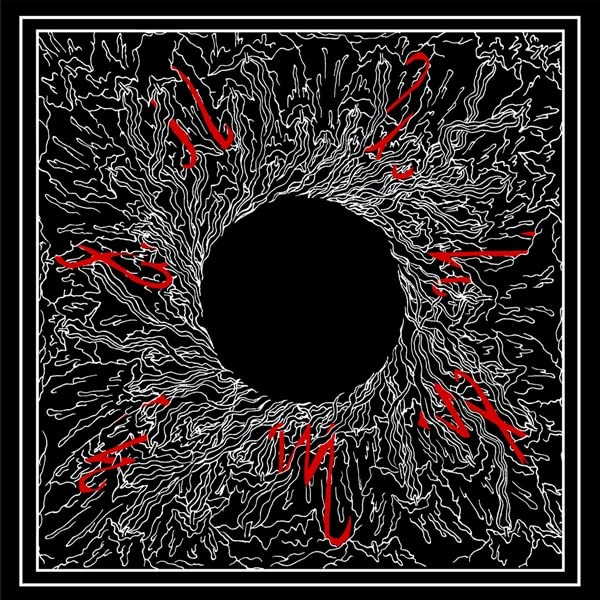 Black and white abstract art with red lines radiating from a central void.
