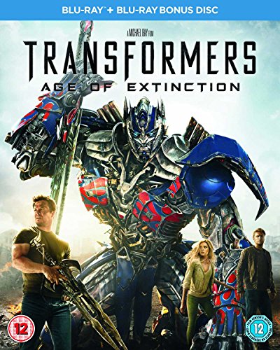 "Blu-ray cover featuring Optimus Prime and three human characters against a cloudy background."