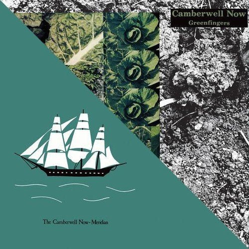 "Album cover with green background, white ship, and collage of plants and soil."
