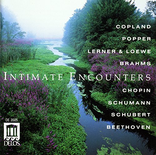 A serene river landscape with purple flowers and the title "Intimate Encounters" on a CD cover.