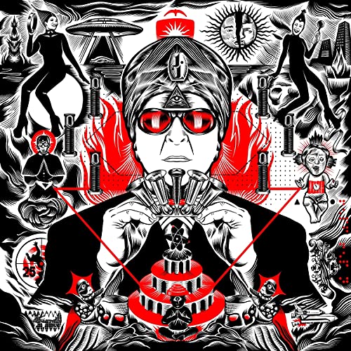 Black and white illustration of a man with red glasses, surreal imagery.